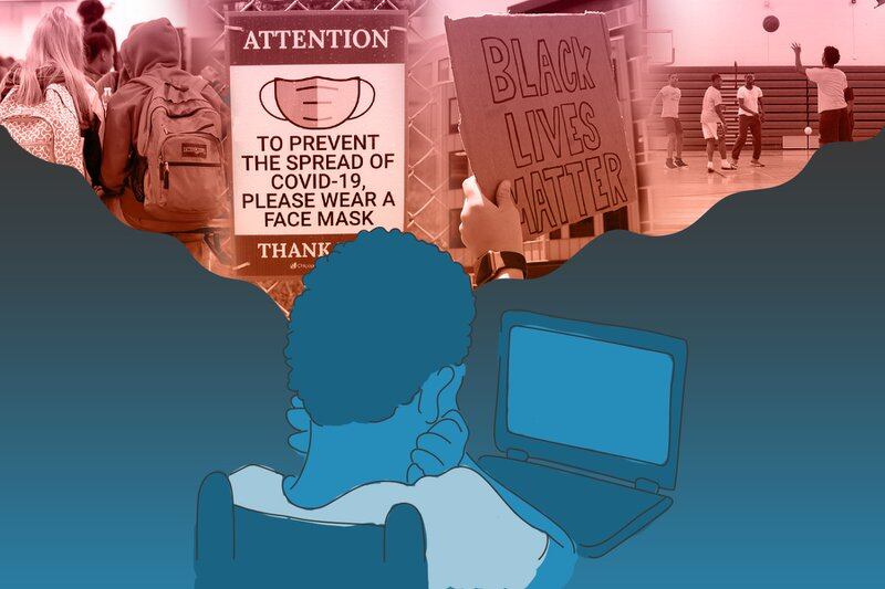 Photo illustration of a student looking at a laptop with a thought bubble above his head. In the bubble is a collage of images: students gathered at a lunch table, a sign encouraging the use face masks, a protest sign that reads Black Lives Matter, and a group of students playing basketball in gym class.