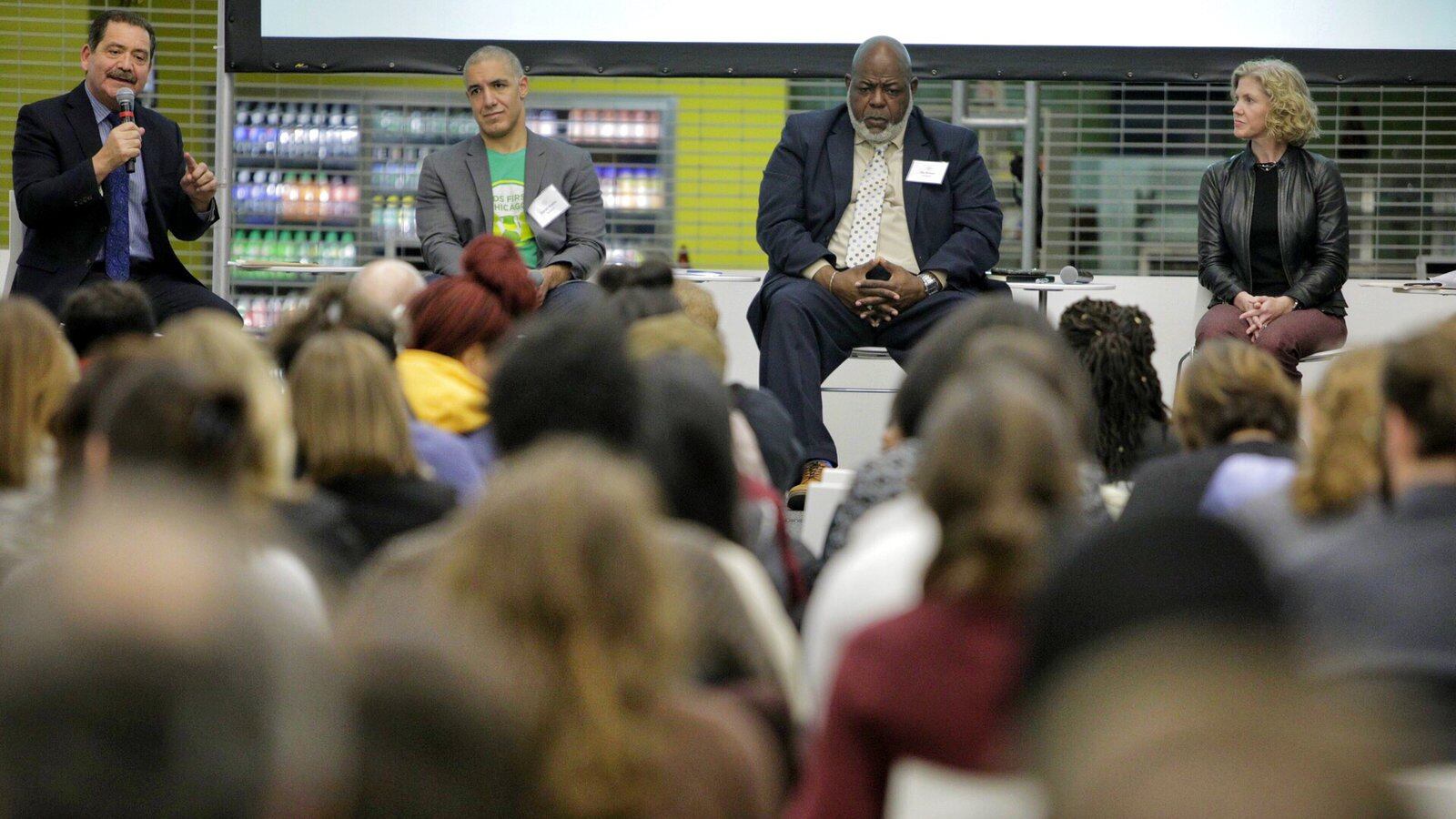 Panelists at a Chalkbeat Chicago forum on the city's next mayor and public schools included, from left, Jesus "Chuy" Garcia, Daniel Anello, Jitu Brown, and Beth Swanson