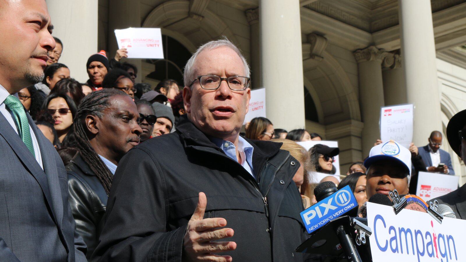 Comptroller Scott Stringer speaks at a rally at City Hall to demand that pre-K teachers in community organizations are paid equally to education department teachers on March 20, 2019.