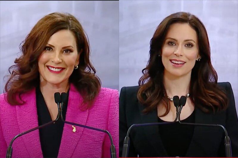 Democratic Gov. Gretchen Whitmer, left, and her Republican challenger Tudor Dixon at a televised debate last week are side by side speaking into microphones.