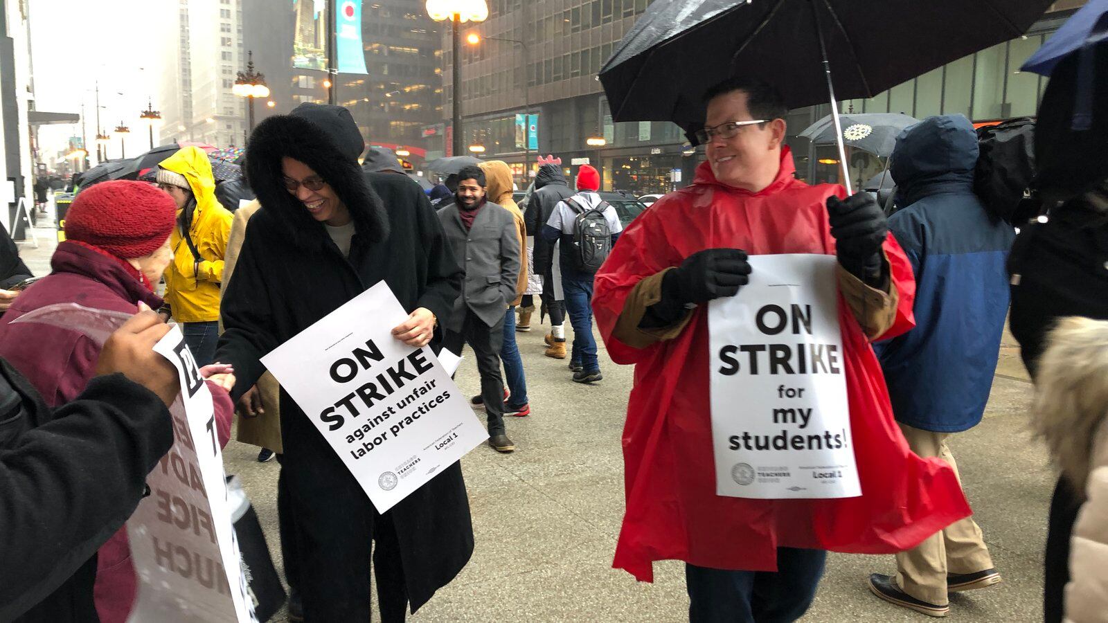 Chicago mayoral candidate Toni Preckwinkle, left, joined striking Chicago International Charter Schools teachers on a picket line at the Illinois Network of Charter Schools on Thursday, Feb. 7, 2019.