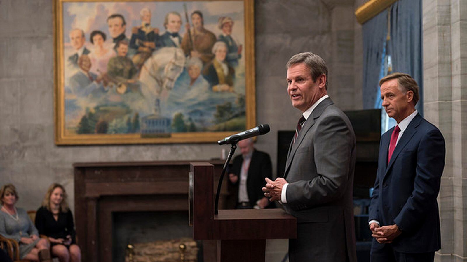 As outgoing Gov. Bill Haslam looks on, Gov.-elect Bill Lee speaks at the state Capitol the day after being elected the 50th governor of Tennessee.