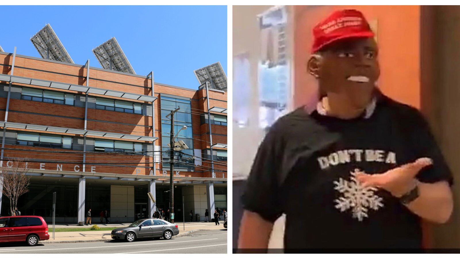 A teacher's Halloween costume, which included a mask of Barack Obama and a "Make America Great Again" hat, has sparked debate months later at Newark's prestigious Science Park High School. (School photo: Patrick Wall/Chalkbeat; teacher photo provided to Chalkbeat.)