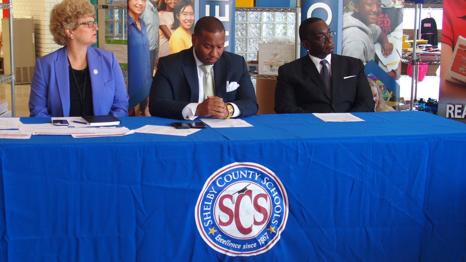 Joris Ray, center, was appointed interim superintendent for Shelby County Schools.
