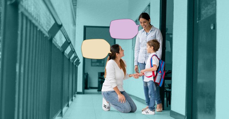 A mother picking up her child from school and talking to the teacher. A yellow speech bubble floating next to the mother, a purple speech bubble next to the teacher.