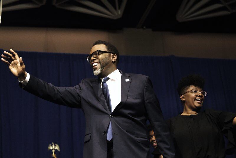 Chicago’s next mayor Brandon Johnson waves to the crowd on election night, April 4, 2023.