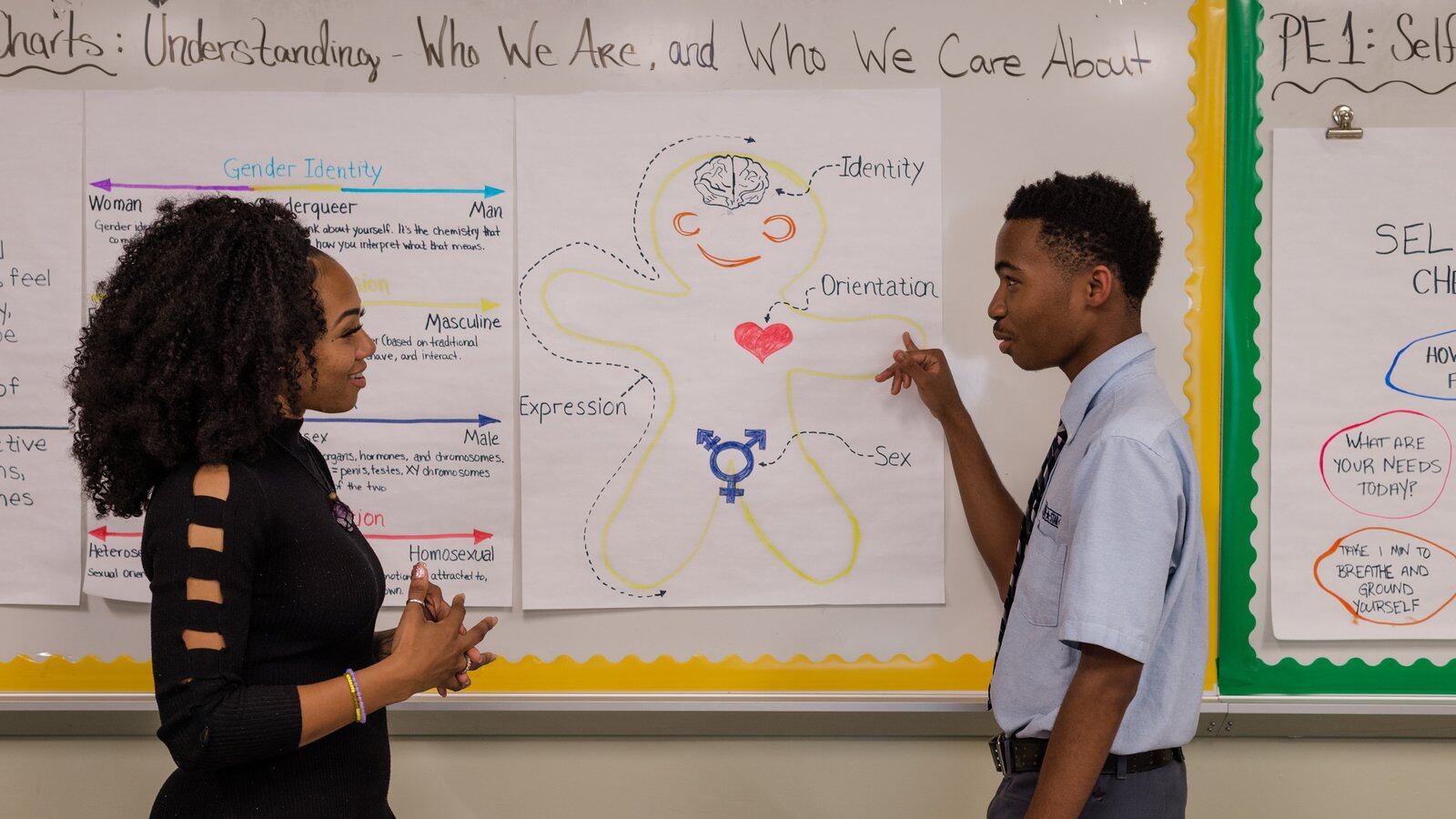A woman and a teenage boy stand in front of a white board. On the board is a lesson about gender and sexuality.