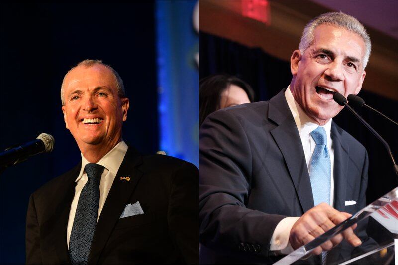 (Left) New Jersey Governor Phil Murphy smiles while speaking at a podium, wearing a black suit, patterned tie, and light blue pocket square. (Right) Republican challenger Jack Ciattarelli speaks at a glass podium, wearing a black suit, white shirt, and a light blue, patterned tie.
