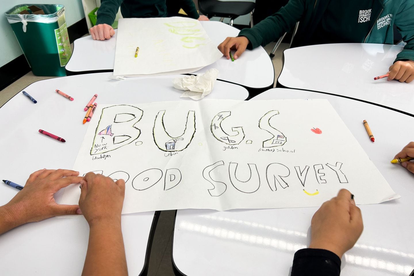 BUGS students with one of the signs they made to advertise their food equity survey. Kelly Field for The Hechinger Report