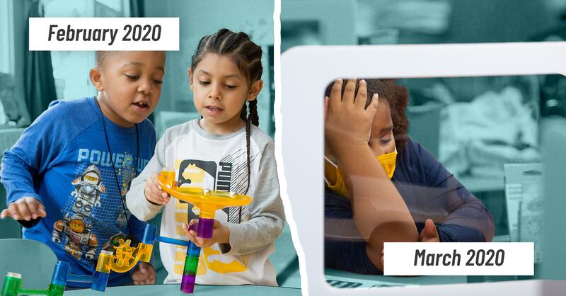A split image. On the left, two young students playing with toys in a classroom labeled “February 2020.” On the right, a young student wearing a facemask appearing tired or frustrated labeled “March 2020.”