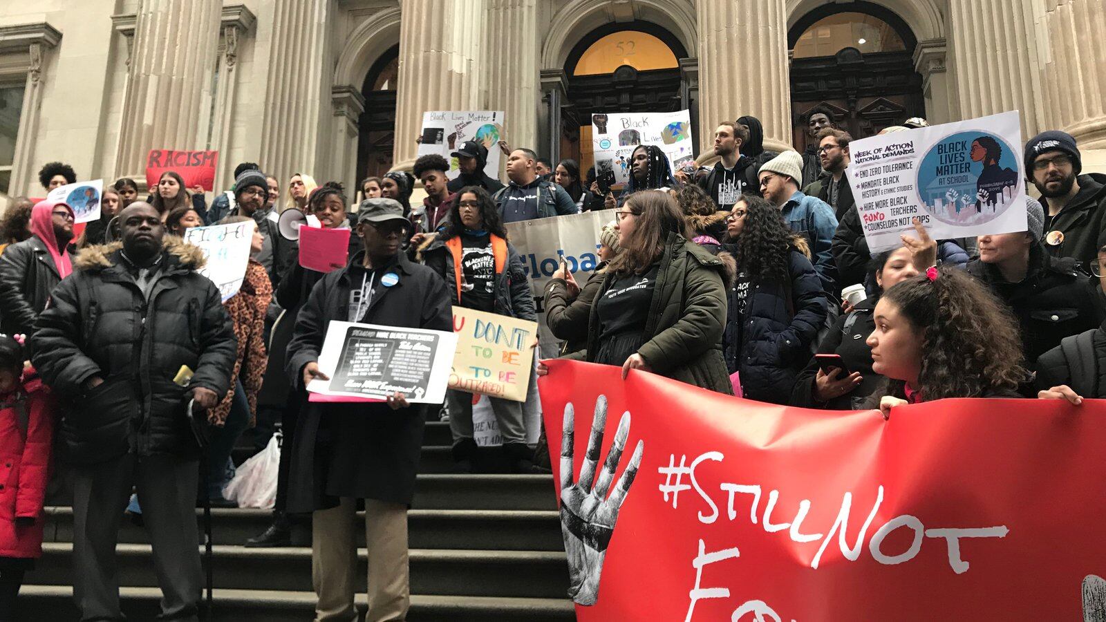 Students, parents, and activists at a Black Lives Matter at School rally in New York City on February 7, 2019