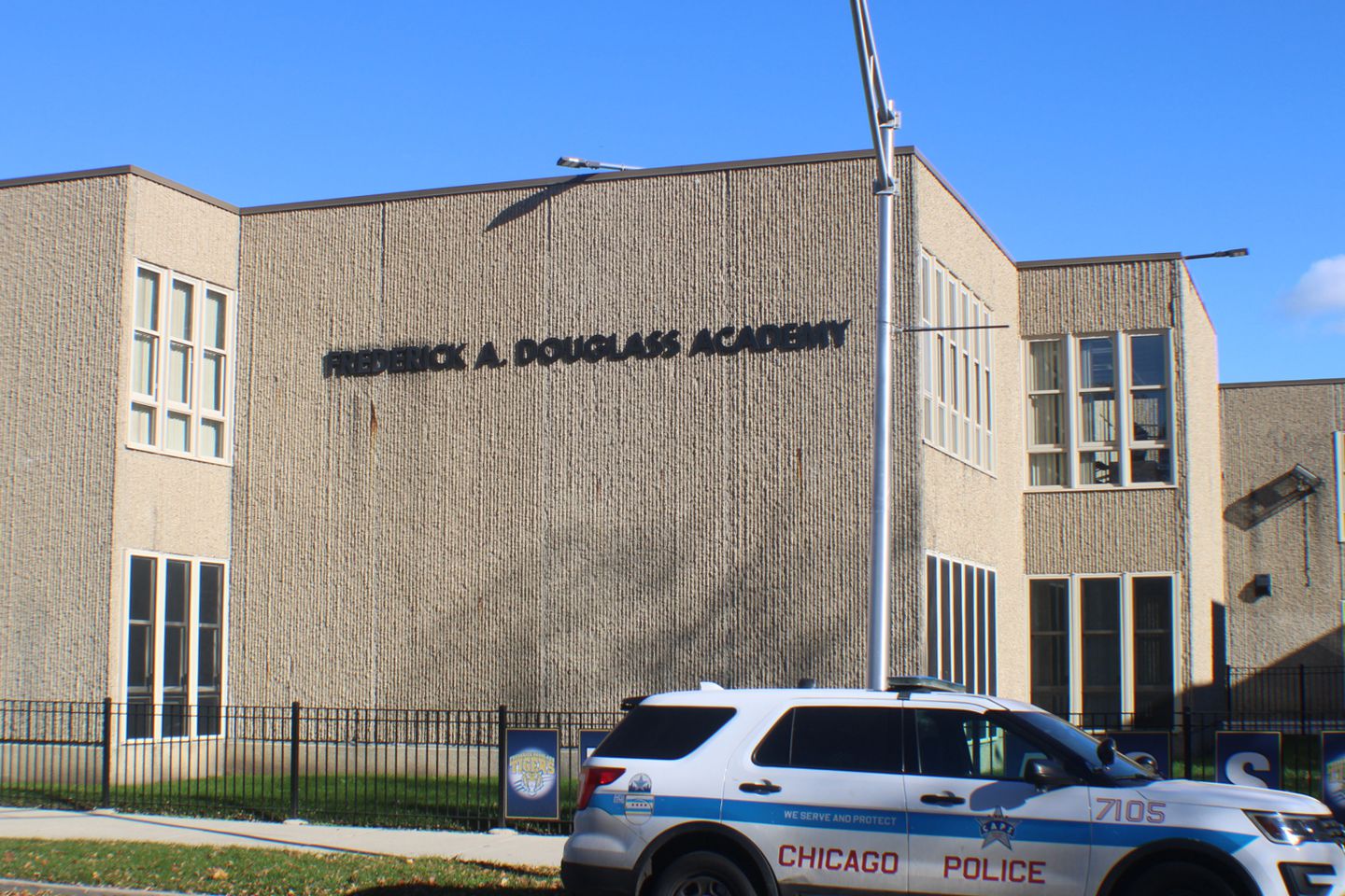 Front entrance to Frederick Douglass Academy High School in Austin. 