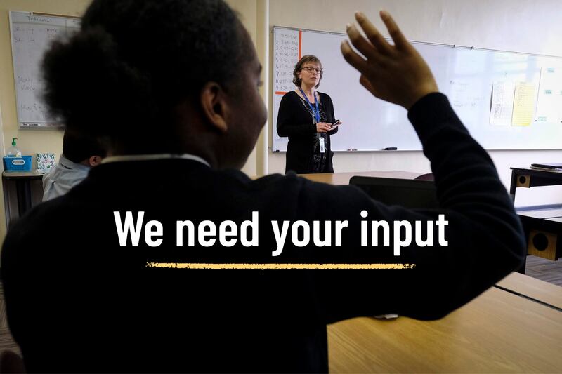 A student raises her hand during class. Text overlay on the image reads: We need your input.