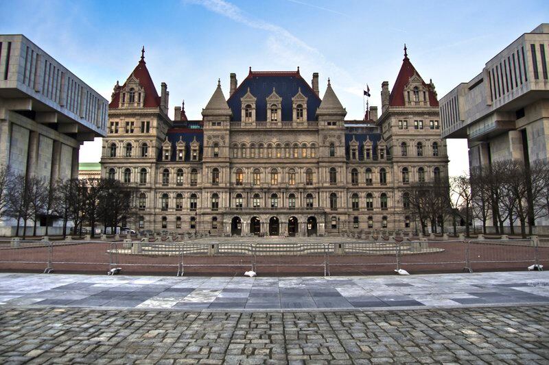 An exterior shot of the New York State Capitol building in Albany, N.Y.