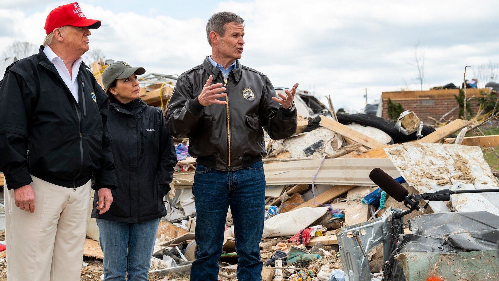 Gov. Bill Lee and his wife, Maria, join President Donald Trump on a March 6 tour of damage caused when tornadoes thrashed parts of Middle Tennessee on March 4.