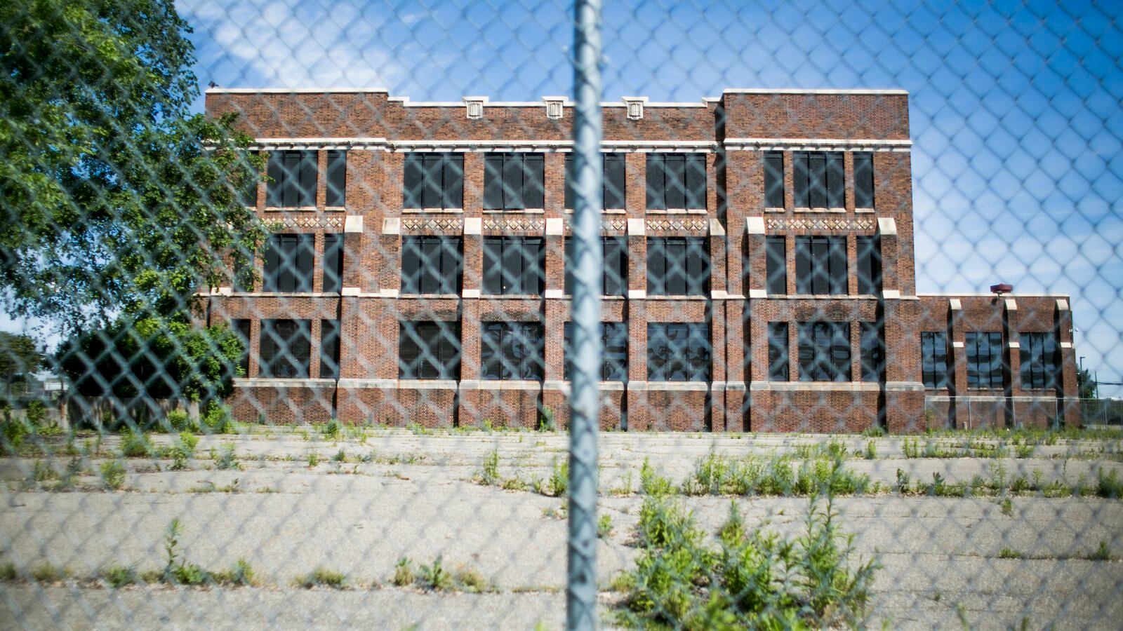 An exterior view of Southeastern High School in Detroit, MI. Photo by Anthony Lanzilote/Chalkbeat; Taken June, 2019