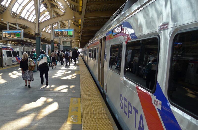 Passengers boarding a SEPTA train in Philadelphia.