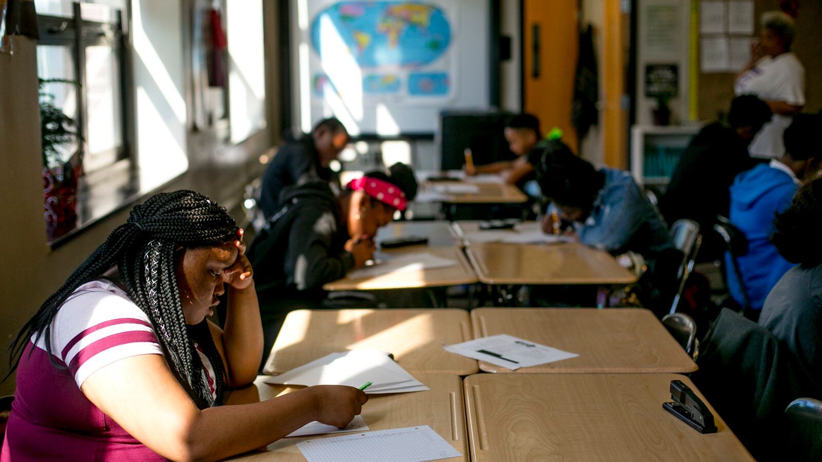 Students at work in a math class at Southeastern High School in Detroit.