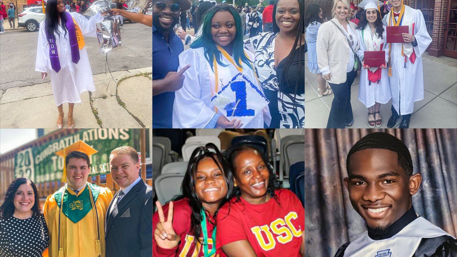 A collage grid shows six high school graduates celebrating their big day.