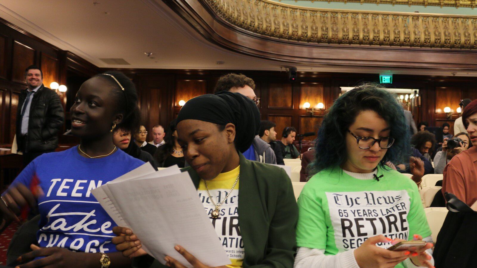 New York City student activists get ready to testify at a City Council hearing on school segregation.
