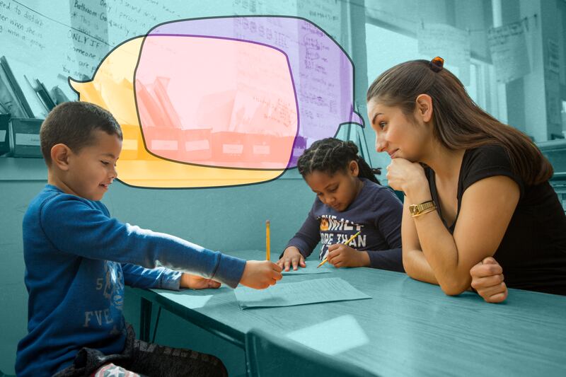 A teacher sitting with two young students with illustrated quote bubbles of different colors overlapping each other.