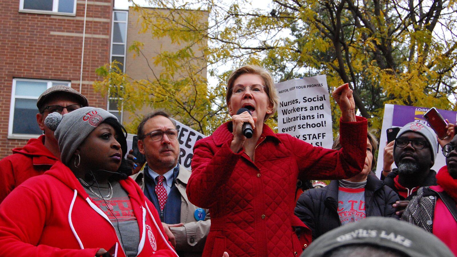 Democratic presidential candidate U.S. Sen. Elizabeth Warren addresses striking Chicago teachers Oct. 22, 2019.