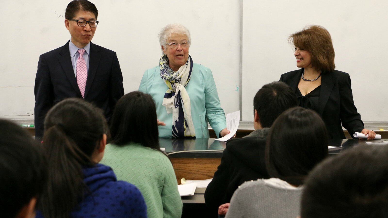 Chancellor Carmen Fariña with High School for Dual Language and Asian Studies Principal Li Yan and Deputy Chancellor for the Division of English Language Learners and Student Support Milady Baez.