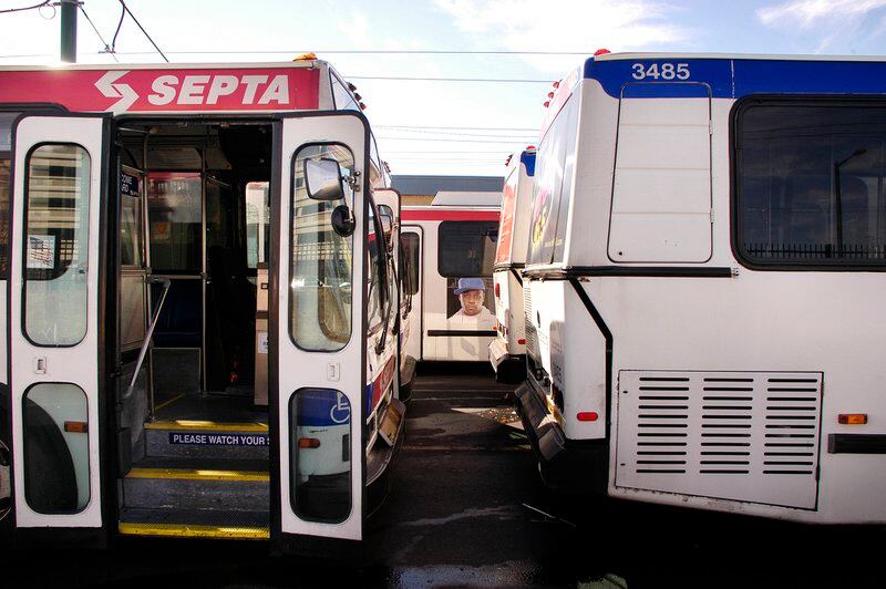 Several SEPTA buses line up with doors open