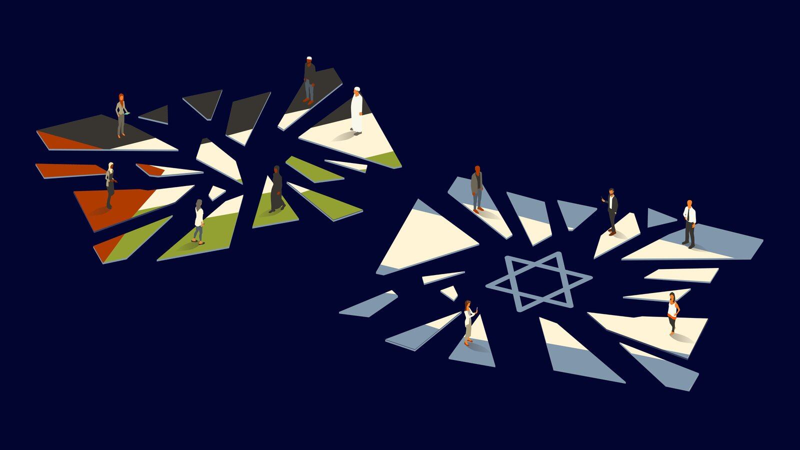 Illustration of people standing on the pieces of a shattered Israeli flag and Palestinian flag.