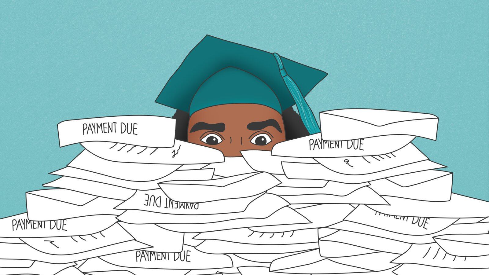 Illustration of a student wearing a graduation cap drowning in an overwhelming pile of bills and envelopes.