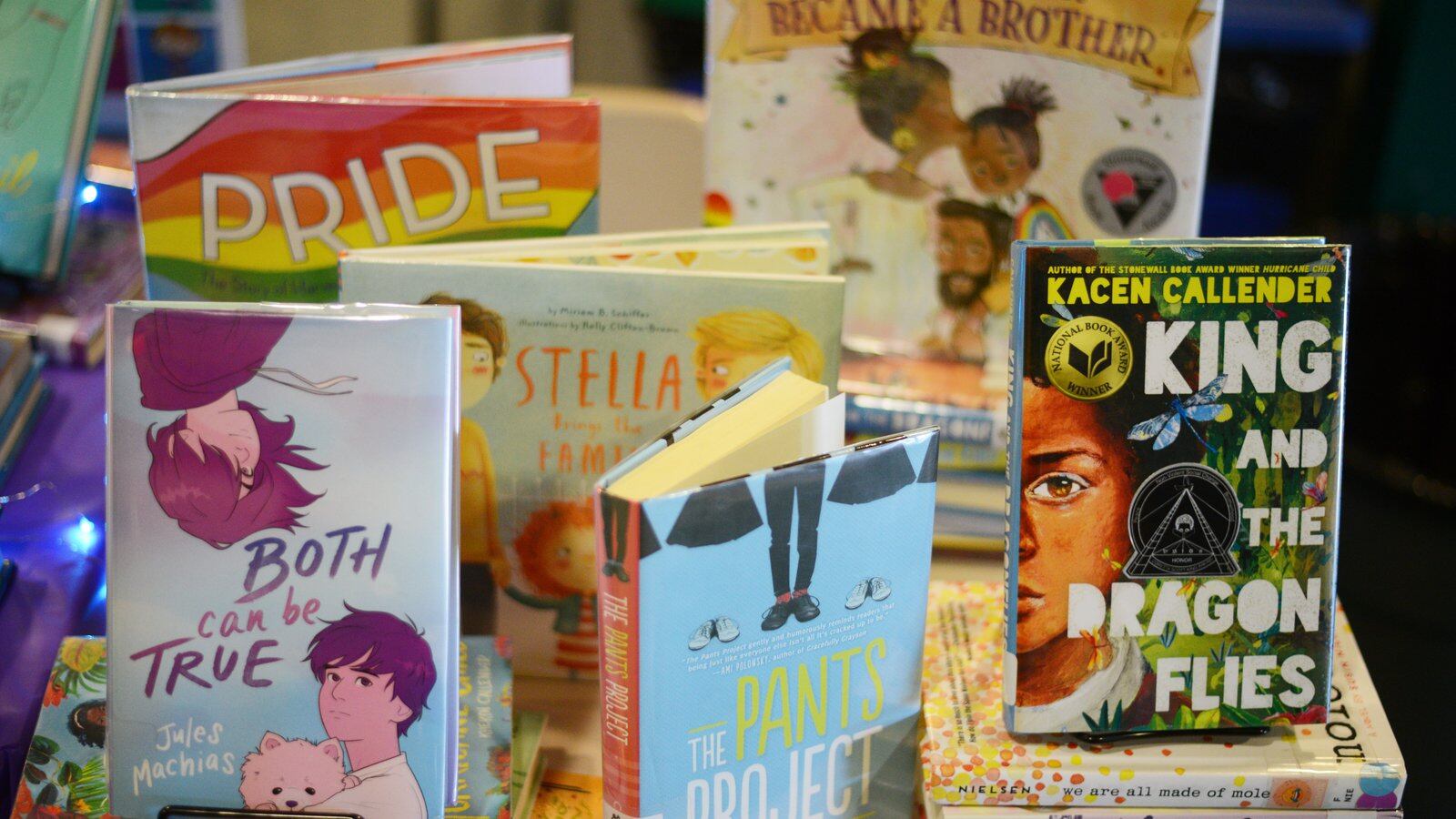 Children’s books about LGBTQ+ issues sit on a shelf.