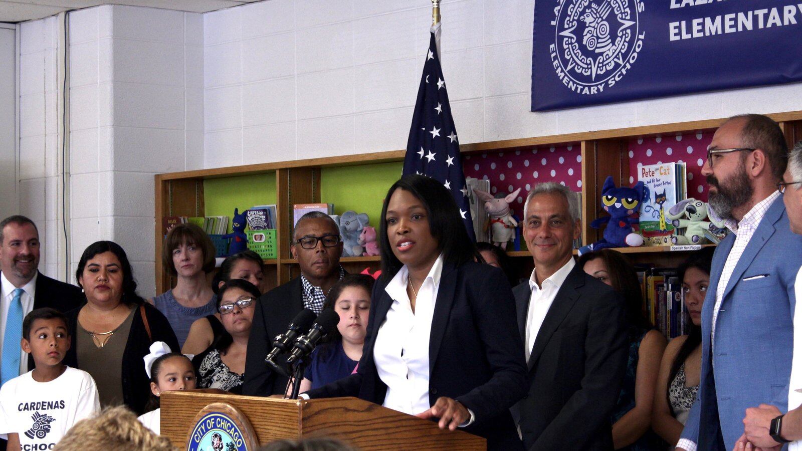 Chicago Public Schools CEO Janice Jackson announced the district's $1 billion capital plan at Lázaro Cardenas Elementary School in Little Village.