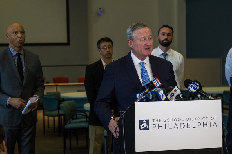 Mayor Jim Kenney speaks to reporters during a press conference at District headquarters.
