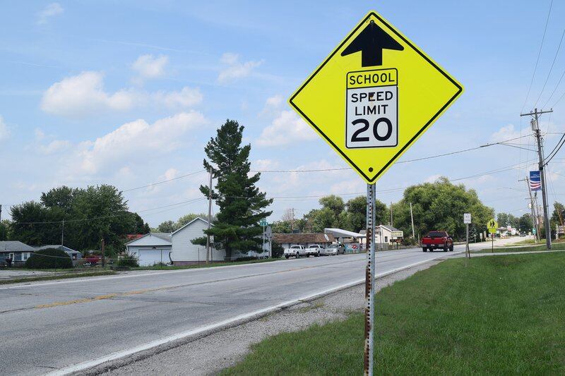 A school speed limit sign in Andalusia, Illinois, a village nearby the Illinois and 