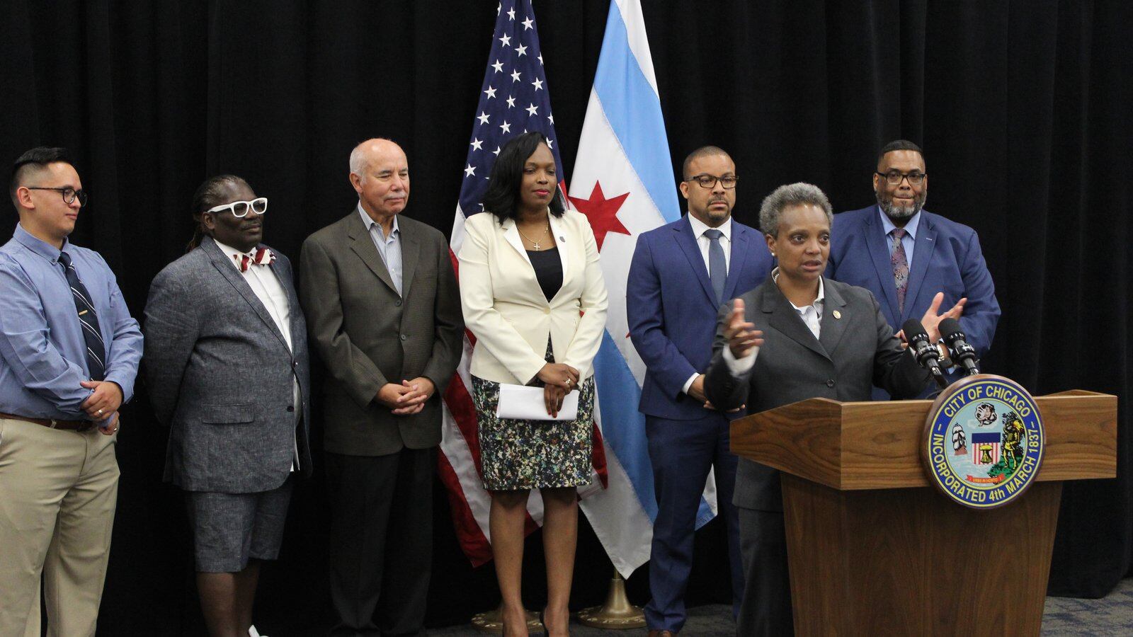 Mayor Lori Lightfoot speaks at a press conference at Michele Clark Academic Prep Magnet High School on the West Side.