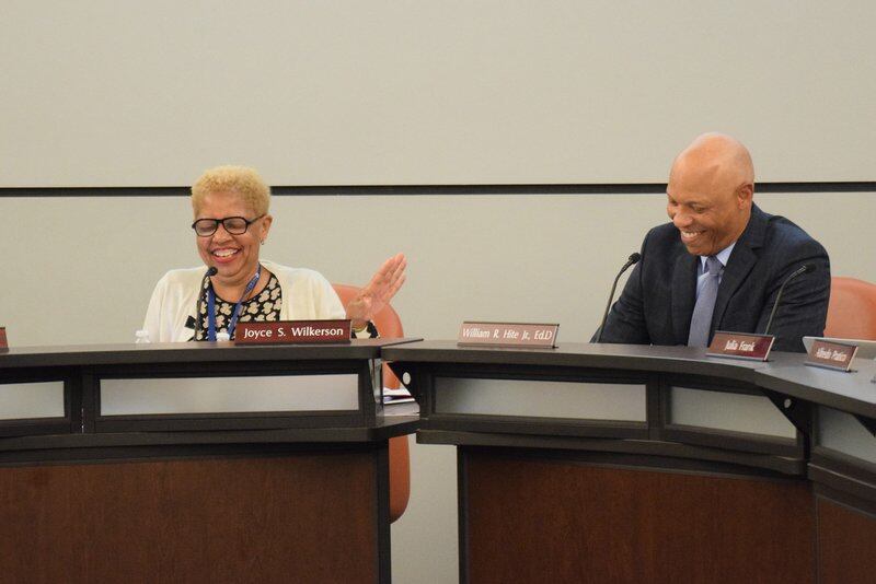 School Board President Joyce Wilkerson and Superintendent Hite joke during introductory remarks