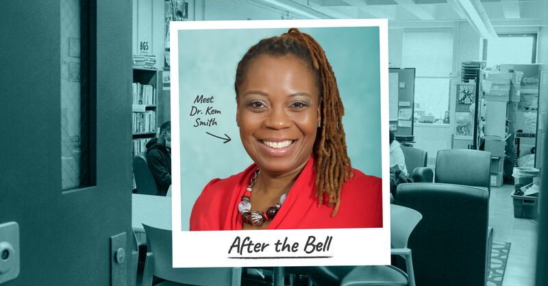 A Polaroid of a smiling woman with brown hair who’s wearing a red shirt and a chunky necklace. The photo has the words After the Bell written on it. The photo sits on top of another photo of a classroom.