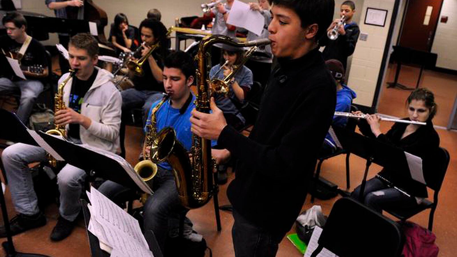 The saxophone section is front and center at a 2015 Denver School of the Arts Jazz Workshop Orchestra rehearsal (Photo By Kathryn Scott Osler/The Denver Post).