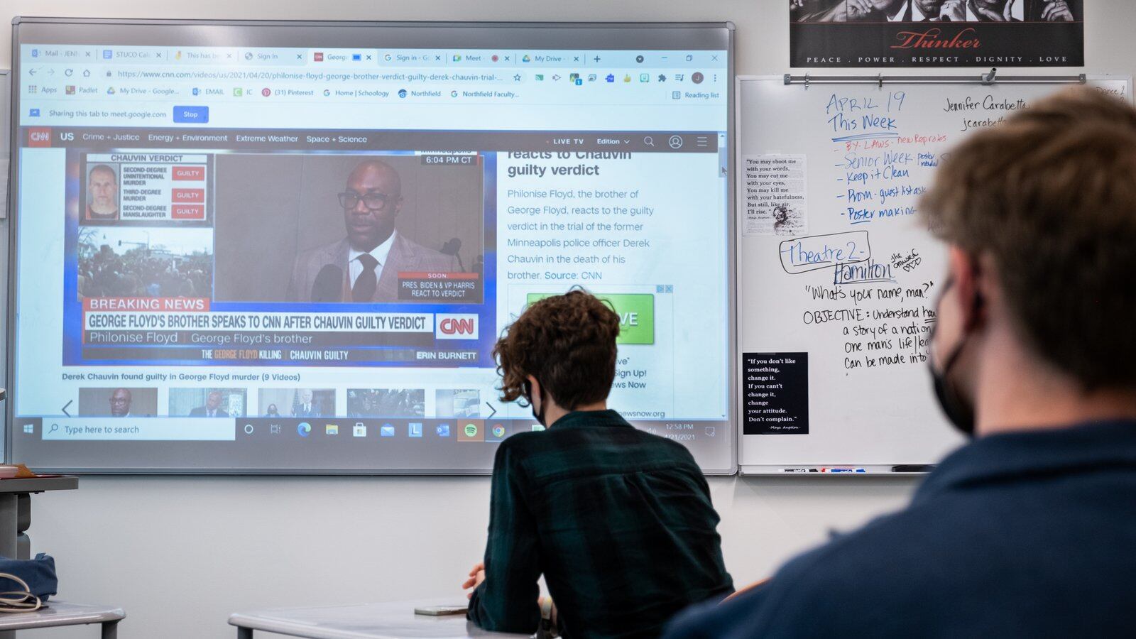 Students watch Philonise Floyd react to the conviction of former Minneapolis police officer Derek Chauvin for the murder of his brother, George Floyd, during a discussion between Northfield High School student council officers and members in Denver, Colorado, on Wednesday, April 21, 2021.