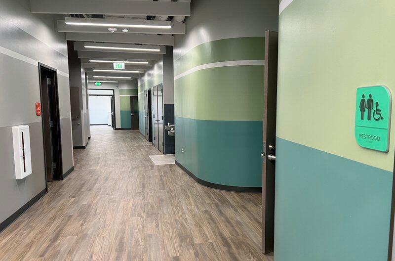 A hallway with grey and different shades of green on the wall with a wooden floor. 