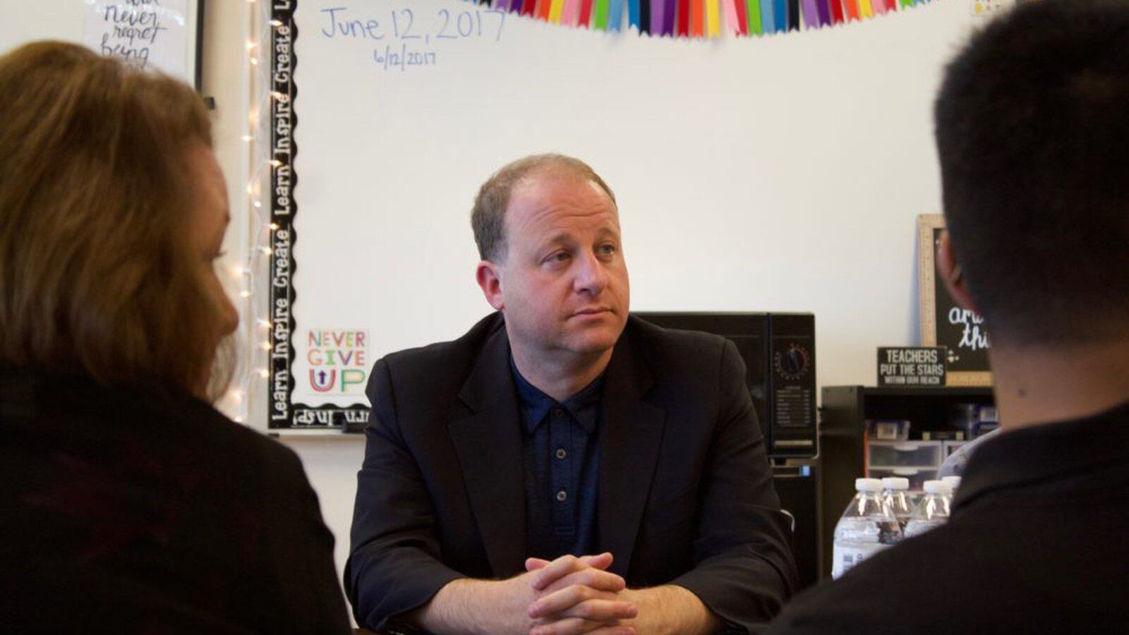 Congressman Jared Polis meets with teachers, parents and students at the Academy of Urban Learning in Denver after announcing his gubernatorial campaign. (Photo by Nic Garcia/Chalkbeat)