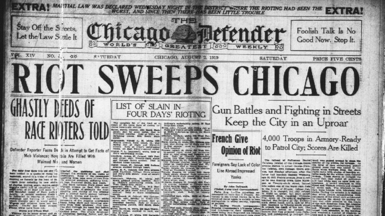 The front page of the Chicago Defender on August 2, 1919. Race riots broke out across the city for seven days.