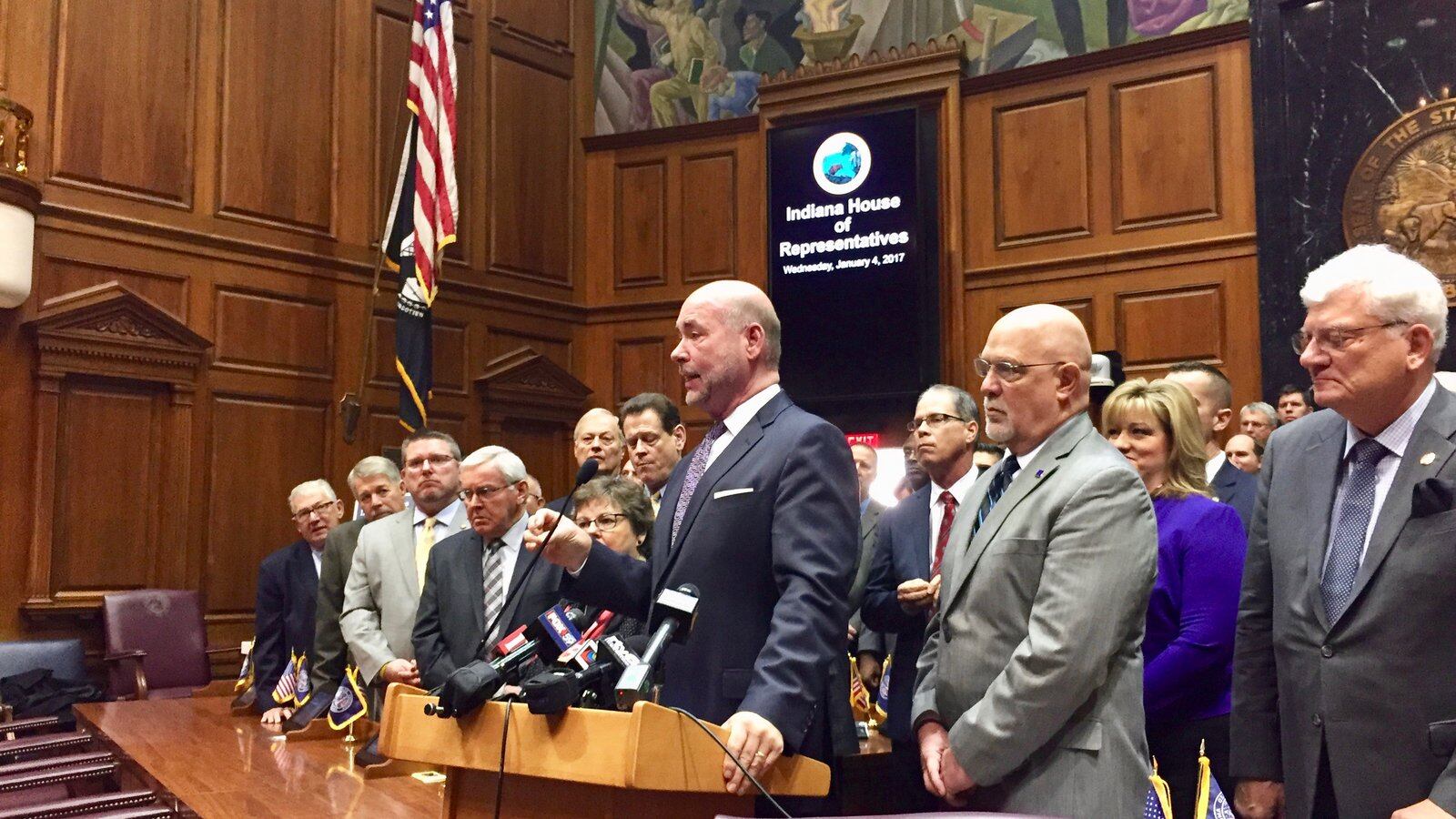 House Speaker Brian Bosma presents legislative priorities for Indiana House Republicans on Wednesday.