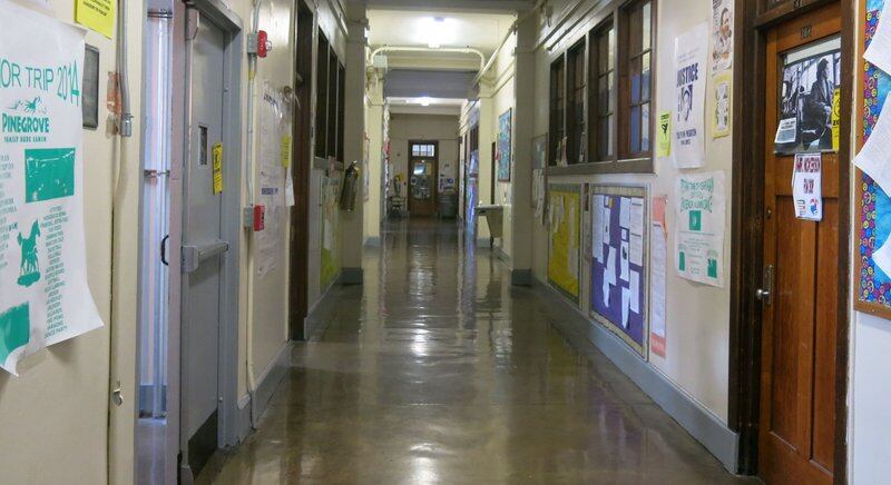 An empty school hallway with no students