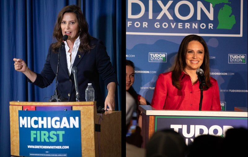 A composite image that shows two women, Gov. Gretchen Whitmer behind a podium at left, and Tudor Dixon behind a podium at right.