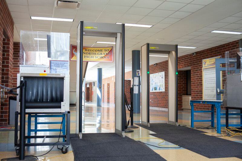Metal detectors at an entrance to North-Grand High School in Chicago. Photo by Stacey Rupolo/Chalkbeat; Taken May, 2019