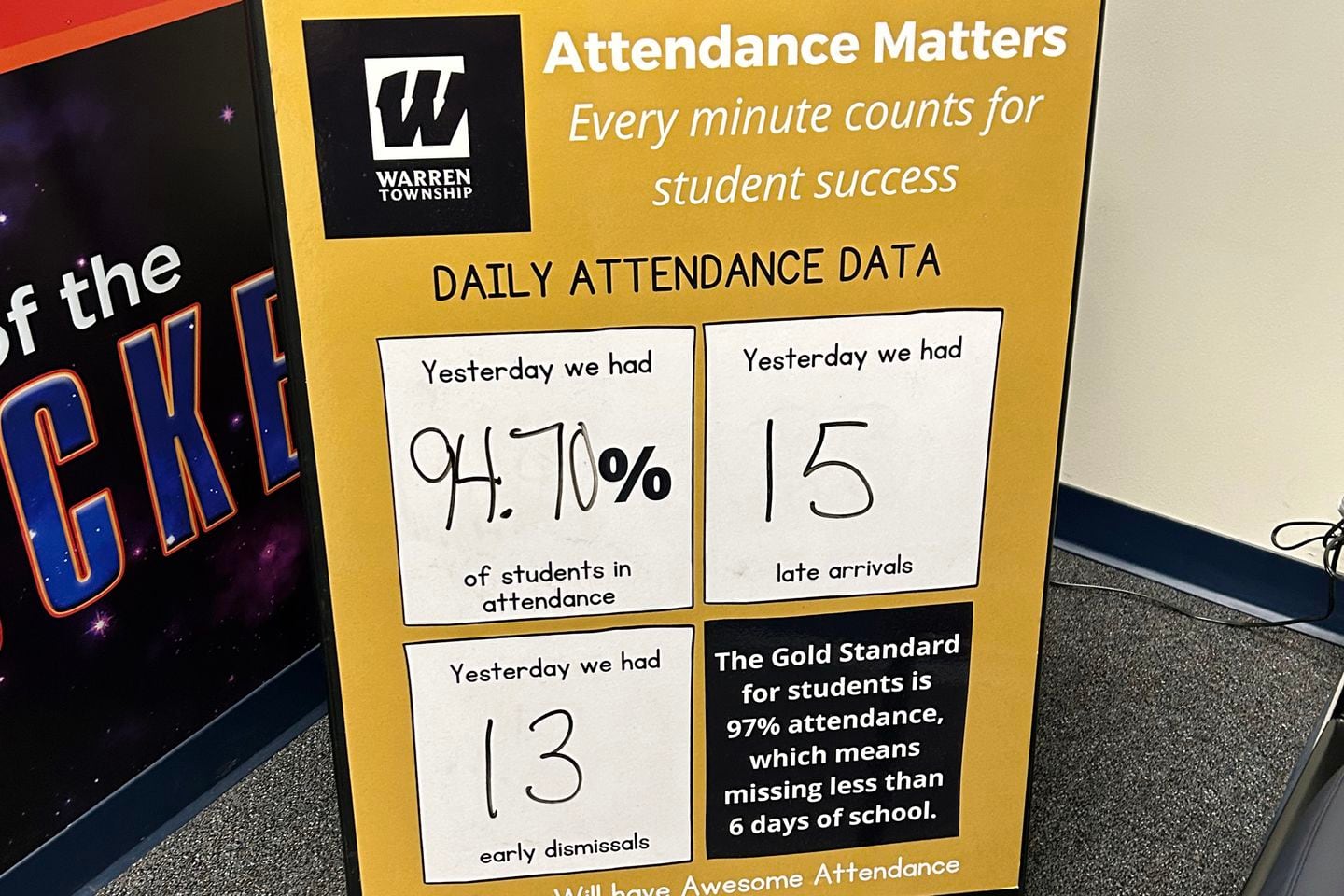 An attendance sign alerts students and staff of daily statistics in February at the front office of Eastridge Elementary in the Metropolitan School District of Warren Township. The district has prioritized boosting attendance post-pandemic.