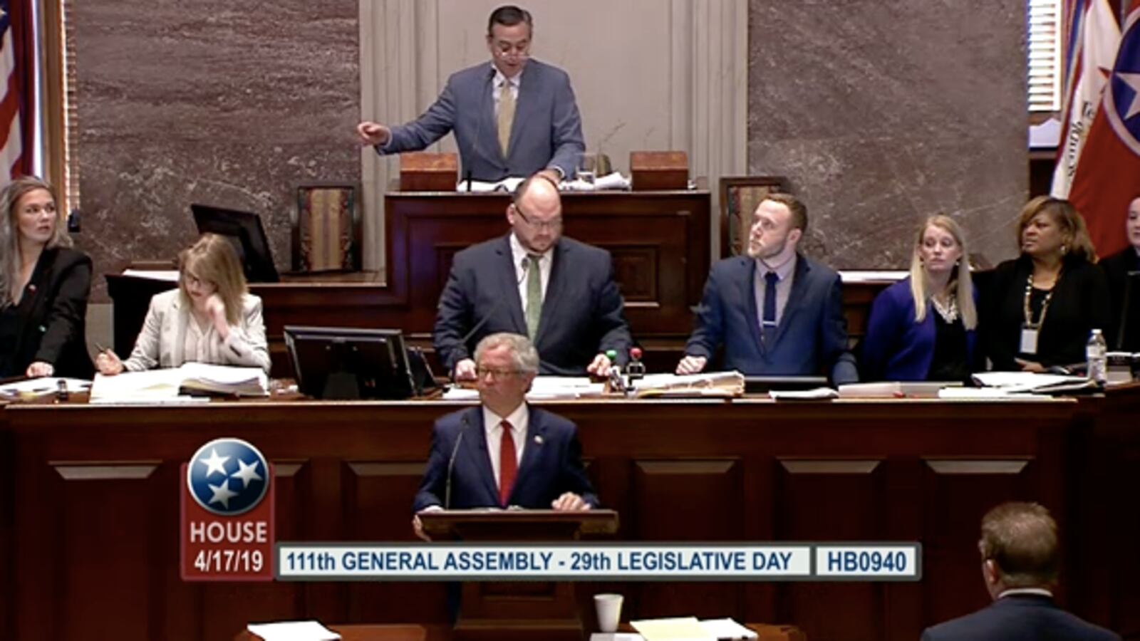 House Speaker Glen Casada moderates as Rep. Mark White of Memphis prepares to present the bill he carried for Gov. Bill Lee to create a new state charter school commission. Tennessee's House of Representatives voted 61-37 to approve the measure, which now awaits a vote in the Senate.