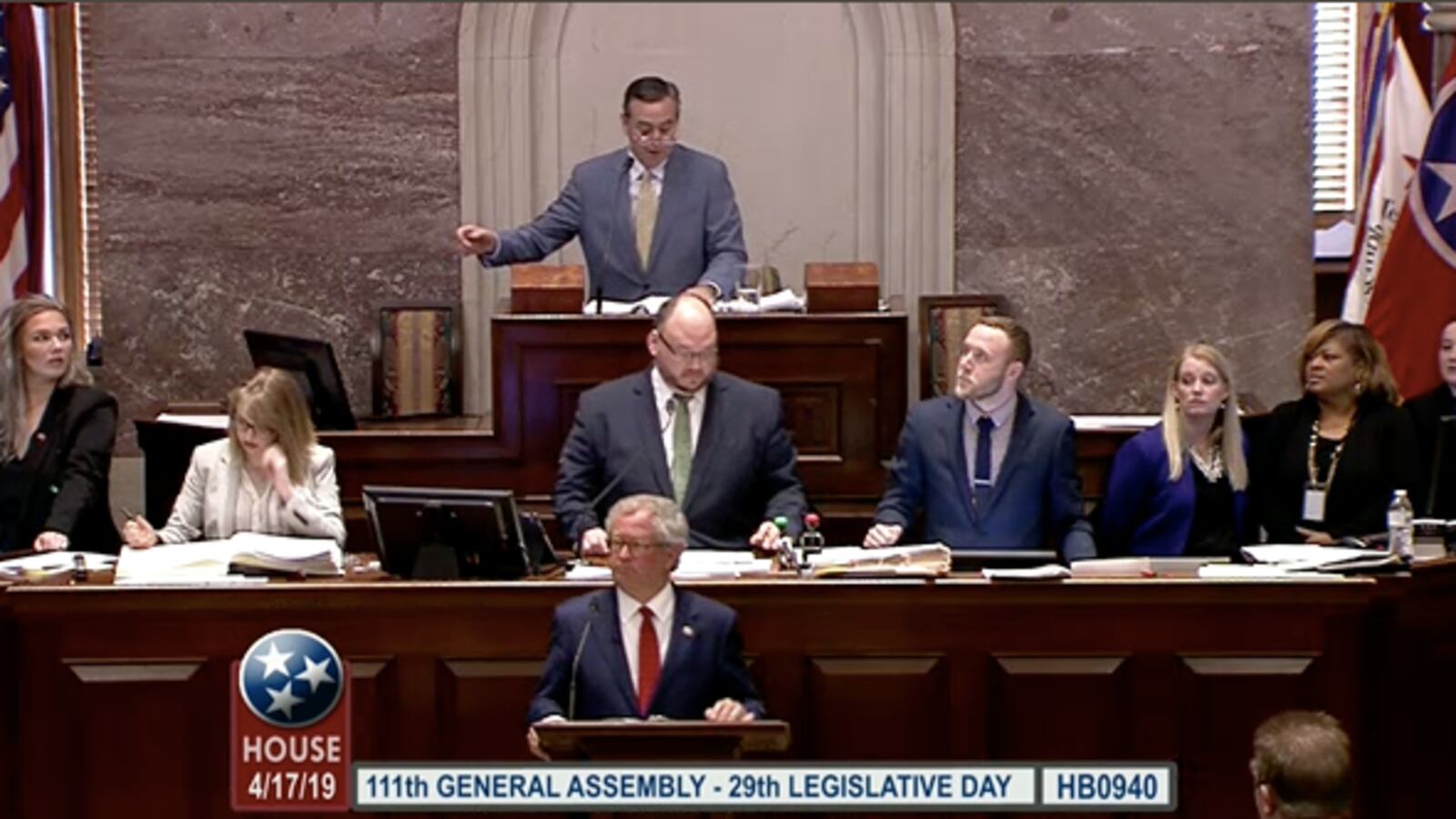 House Speaker Glen Casada moderates as Rep. Mark White of Memphis prepares to present the bill he carried for Gov. Bill Lee to create a new state charter school commission. Tennessee's House of Representatives voted 61-37 to approve the measure, which now awaits a vote in the Senate.