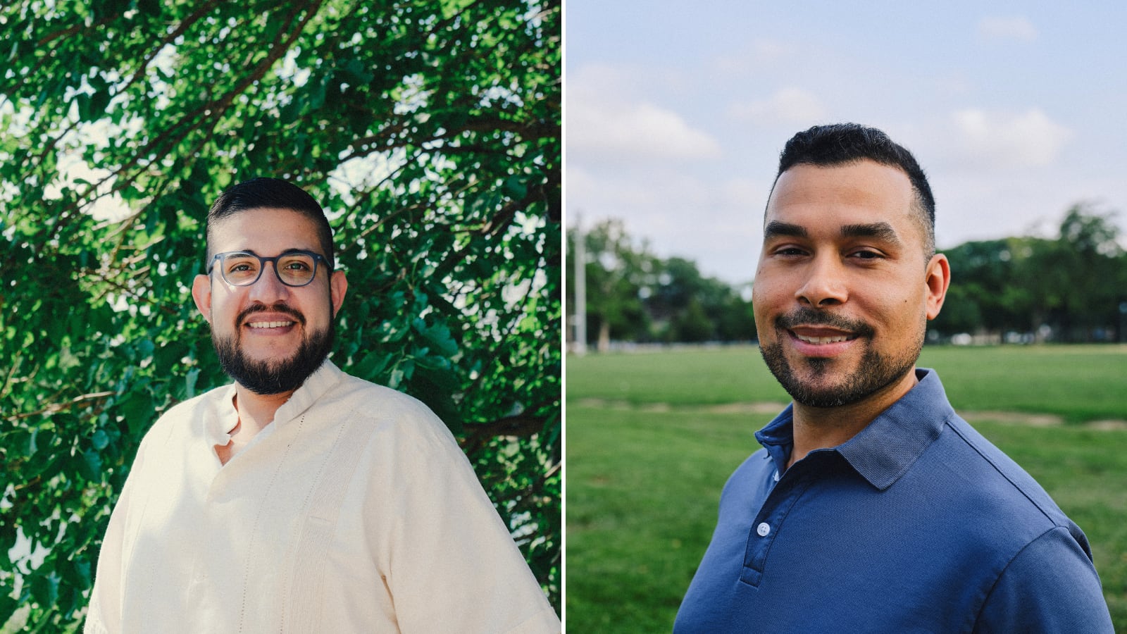 Two photos side by side of two men looking at the camera posing for a portrait.